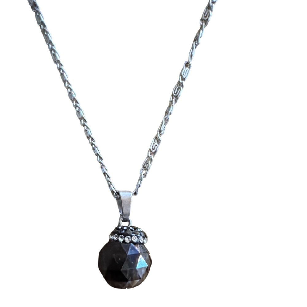 Silver Tone S-Link Necklace Smoky Brown Faceted Crystal Rhinestone Pendant Gift
